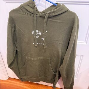 Olive Green Graphic Pullover Hoodie with Floral Print
